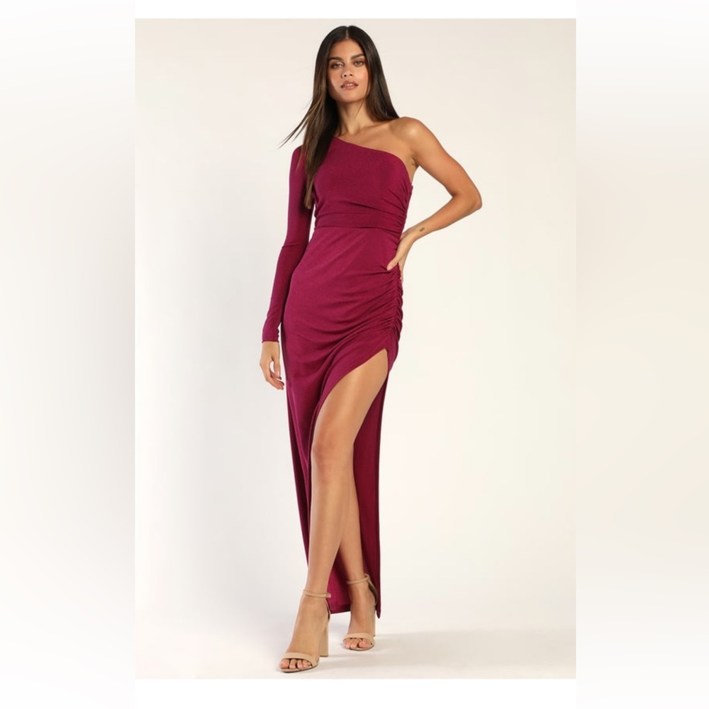 Lulus Large Magenta One Shoulder Long Sleeve Maxi Dress